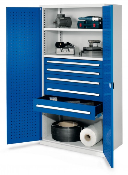 Schwerlastschrank ohne Mitteltrennwand 1950 x 1000 x 600 mm Mod 44 RAL 7035/5010. Türinnenseite: ®RasterPlan Lochplatten 2 Fachböden 1 Schublade 100 mm 2 Schubladen 125 mm 2 Schubladen 175 mm.