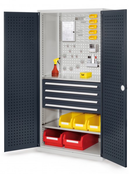 ®RasterPlan Schubladenschrank Modell 13 RAL 7035/7016. Türinnenseite: Lochplatten 1950 x 1000 x 600 mm mm 4 Schubladen H 100 mm mm 2 Fachböden verzinkt.