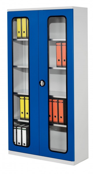 Systemschrank Serie 400 RAL 7035/5010 H1950 x B1000 x T410 mm . Sichtfenstertüren 4 Fachböden verzinkt.