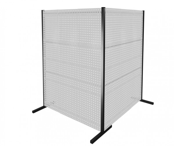 ®RasterPlan Trennwand Doppelfeld 90° L1500 / 1500 mm H2000 mm RAL 7035. Mit 6 ®RasterPlan Lochplatten.