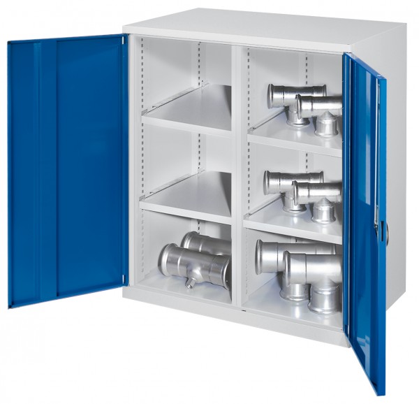 Schwerlast-Beistellschrank Modell 75 1110 x 1000 x 600 mm RAL 7035/5010. mit Mitteltrennwand Vollblechtüren 2 Fachböden links 2 Fachböden rechts