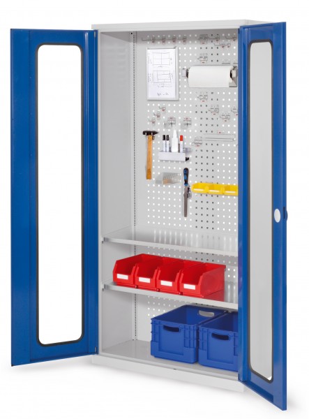®RasterPlan Werkzeugschrank Mod 5 410 H1950 x B1000 x T410 mm RAL 7035/5010. Sichtfenstertür. 2 Fachböden.