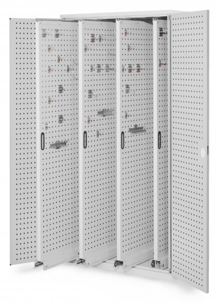®RasterPlan Vertikalschrank Modell 83 1950 x 1000 x 600 mm RAL 7035. Türinnenseite: ®RasterPlan Lochplatten. 4 Auszüge Lochplatten.