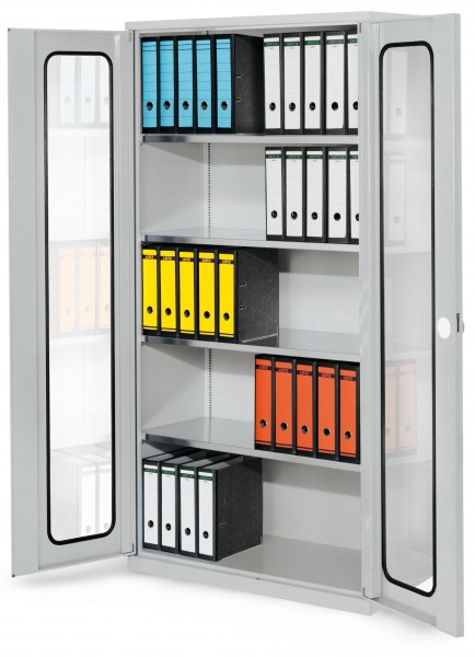 Systemschrank Serie 500 RAL 7035 H1950 x B1000 x T500 mm.. Sichtfenstertüren 4 Fachböden verzinkt.