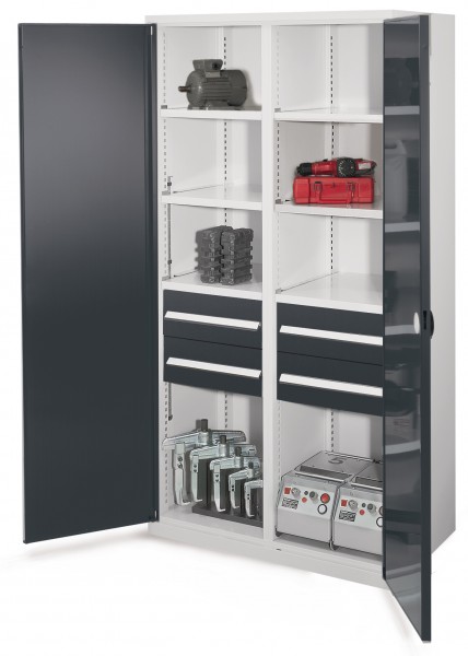Schwerlastschrank mit Mitteltrennwand 1950 x 1000 x 600 mm Mod 52 7035/7016. Doppelwandtür 4 Schubladen H 175 mm 3 Fachboden links verzinkt 3 Fachboden rechts verzinkt.