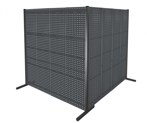 ®RasterPlan Trennwand Doppelfeld 90° 2000 / 2000 mm H2000 mm RAL 7016. Mit 4 ®RasterPlan Lochplatten 4 ®RasterPlan Schlitzplatten.