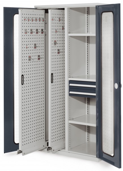 ®RasterPlan Vertikalschrank Modell 81 1950 x 1000 x 600 mm RAL 7035/7016. Sichtfenstertür 2 Auszüge Lochplatten 3 Fachböden 2 Schubladen 100 mm.