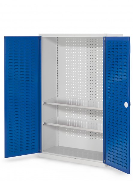 RasterPlan Werkzeugschrank Mod 4 410, H1600 x B1000 x T410 mm, RAL 7035/5010. Türinnenseite: RasterPlan Schlitzplatte, 2 Fachböden.