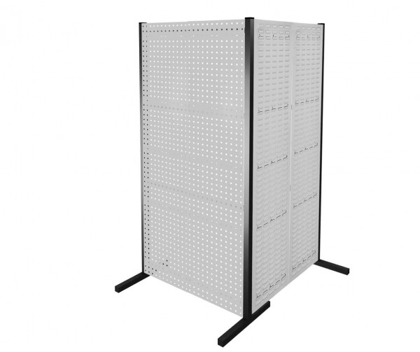 ®RasterPlan Trennwand Doppelfeld 90° 1000 / 1000 mm H2000 mm RAL 7035. Mit 2 ®RasterPlan Lochplatten 2 ®RasterPlan Schlitzplatten.