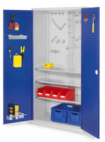 ®RasterPlan Werkzeugschrank Mod 6 500 H1950 x B1000 x T500 mm RAL 7035/5010. Türinnenseite: ®RasterPlan Lochplatte 3 Fachböden.