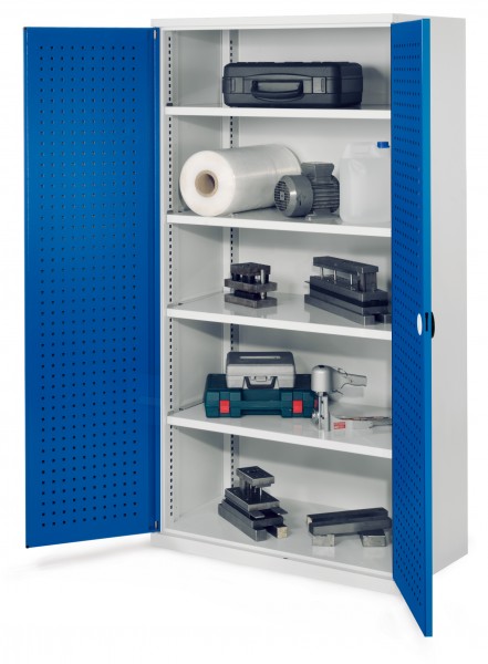 Schwerlastschrank ohne Mitteltrennwand 1950 x 1000 x 600 mm Mod 41 RAL7035/5010. Türinnenseite: ®RasterPlan Lochplatten 4 Fachböden verzinkt.