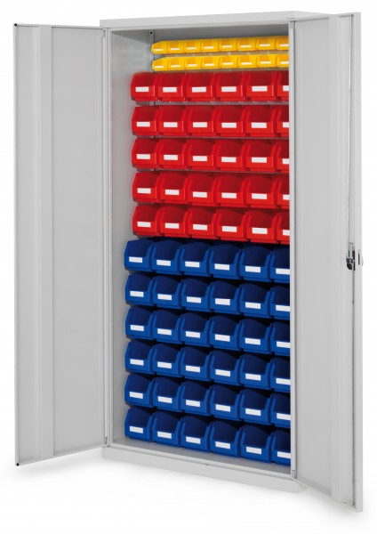 ®RasterPlan Schlitzplattenschrank H1950 x B 1000 x T 410 mm RAL 7035 Modell 58 Vollblechtüren bestückt mit Lagersichtkasten 36 x Größe 5 30 x Größe 6 16 x Größe 8.