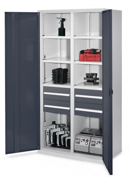 Schwerlastschrank mit Mitteltrennwand 1950 x 1000 x 600 mm Mod 52 RAL 7035/7016. Vollblechtür 4 Schubladen H 175 mm 3 Fachboden links verzinkt 3 Fachboden rechts verzinkt.