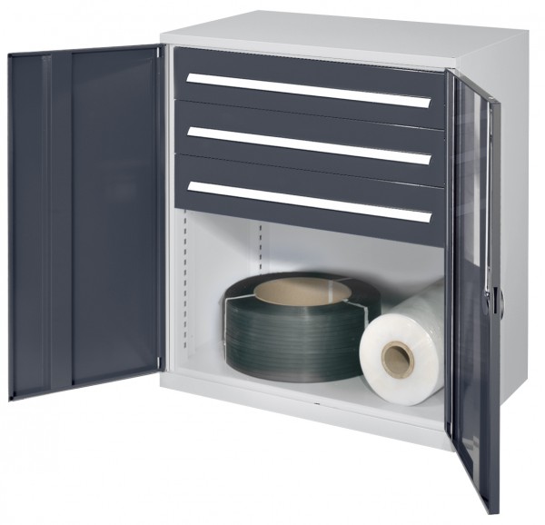 Schwerlast-Beistellschrank Modell 67 1110 x 1000 x 600 mm RAL 7016. Vollblechtüren 3 Schubladen H 175 mm.