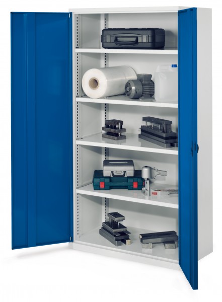 Schwerlastschrank ohne Mitteltrennwand 1950 x 1000 x 600 mm Mod 41 RAL7035/5010. Vollblechtür 4 Fachböden verzinkt.