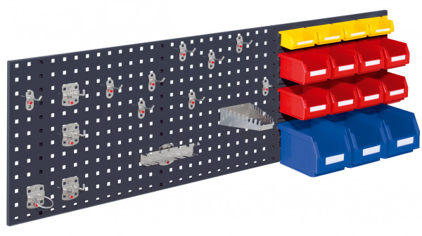 ®RasterPlan Kombiplatte Set 4 RAL 7016. 1 x Kombiplatte H 450 x B 1500 mm 3 x Lagersichtkästen Größe 6 8 x Lagersichtkästen Größe 7 4 x Lagersichtkästen Größe 8 1 x Werkzeughaltersortiment 15-teilig.