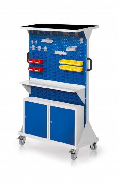 RasterMobil Gr. 4 RAL 7035/5010 H1620 x B1000 x T500 mm. 1 x Auflageboden aus Stahlblech inkl. Riffelgummimatte 1 x Werkzeughaltersort. 18-teilig 1 x Stahlboden 950 mm 2 x Einhängeschränke 10 x Lagersichtkästen Größe 8.