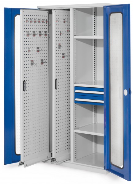 ®RasterPlan Vertikalschrank Modell 81 1950 x 1000 x 600 mm RAL 7035/5010. Sichtfenstertür 2 Auszüge Lochplatten 3 Fachböden 2 Schubladen 100 mm.