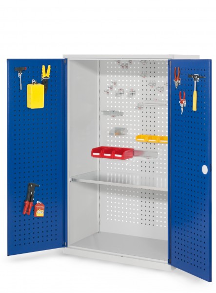 RasterPlan Werkzeugschrank Mod. 3 500, H1600 x B1000 x T500 mm, RAL 7035/5010. Türinnenseite: RasterPlan Lochplatten,, 1 Fachboden.