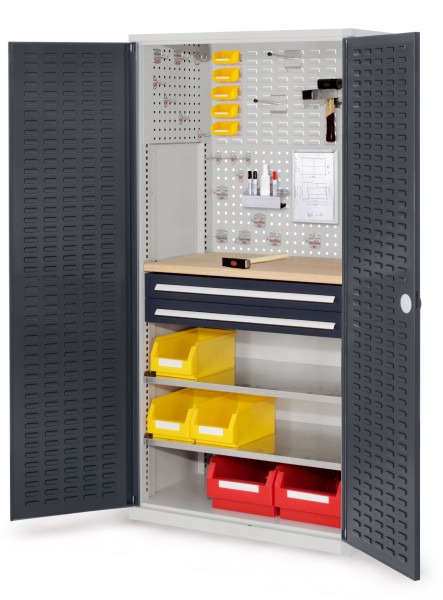 ®RasterPlan Schubladenschrank Modell 24 RAL 7035/7016. Türinnenseite: Schlitzplatten 1950 x 1000 x 600 mm mm 2 Schubladen H 100 mm mm 2 Fachböden verzinkt 1 Werkbankplatte Multiplex.