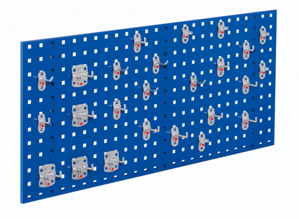 ®RasterPlan Einsteigerset 8 1 x ®RasterPlan Lochplatte RAL 5010 - Enzianblau Breite 1000 mm x Höhe 450 mm 1 x ®RasterPlan Werkzeughalter-Sortiment 25-teilig