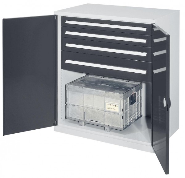 Schwerlast-Beistellschrank Modell 62 1110 x 1000 x 600 mm RAL 7035/7016. Doppelwandtür 2 Schubladen H 100 mm 1 Schubladen H 125 mm 1 Schubladen H175 mm.