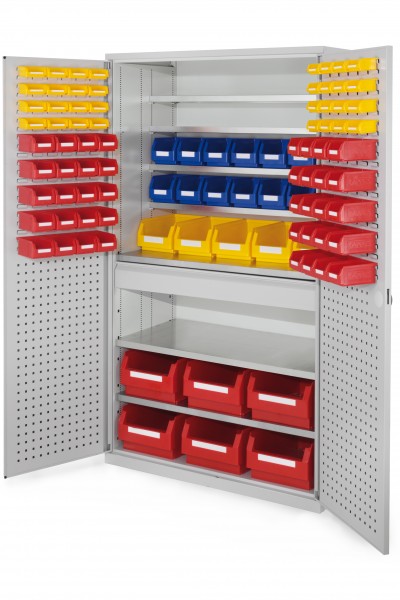 Großraumschrank Modell 36 RAL 7035 1950 x 1130 x 590 mm. Türinnenseite: mit ®RasterPlan Loch-/Schlitzplatten 1 Schublade mittig inklusiv Lagersichtkasten 6 x Größe 2 5 x Größe 4 14 x Größe 6 40 x Größe 7 32 x Größe 8.