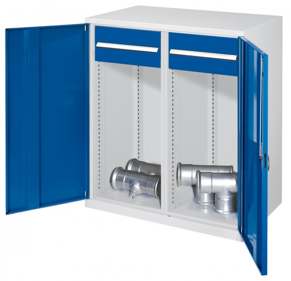 Schwerlast-Beistellschrank Modell 75 1110 x 1000 x 600 mm RAL 7035/5010. Mit Mitteltrennwand Vollblechtüren 2 Schubladen 175 mm
