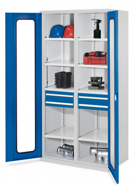 Schwerlastschrank mit Mitteltrennwand 1950 x 1000 x 600 mm Mod 56 RAL 7035/5010. Sichtfenstertür 2 Schubladen H 100 mm 4 Fachböden links verzinkt 4 Fachböden rechts verzinkt.