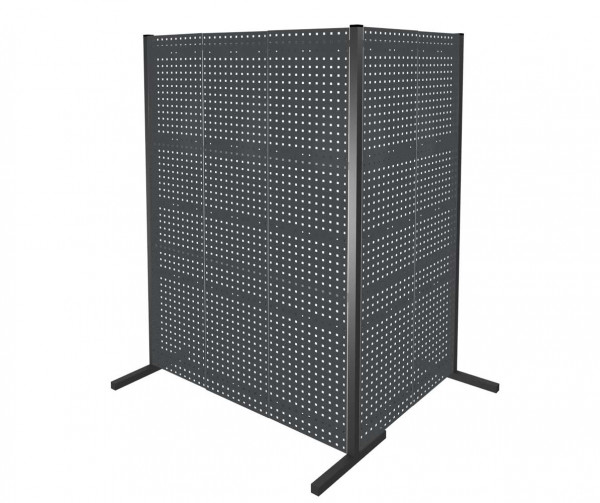 ®RasterPlan Trennwand Doppelfeld 90° L1000 / 1500 mm H2000 mm RAL 7016. Mit 5 ®RasterPlan Lochplatten.