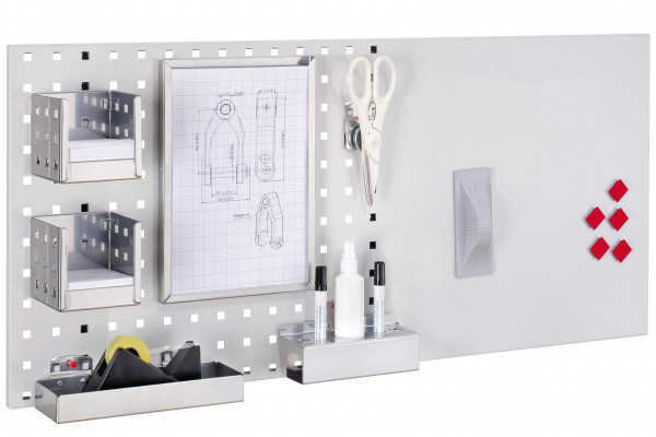 LogoChart Office Set 2 RAL 7035. 1 LogoChart® RAL 7035 1 Formularhalter 2 Zettelbox 1 Magnethalter 1 Ablagebox1 Kombi Stifthalter 5 Magnete 1 Wischer (magnetisch) 1 Reinigungsspray 2 Non-Permanent-Stifte (schwarz).