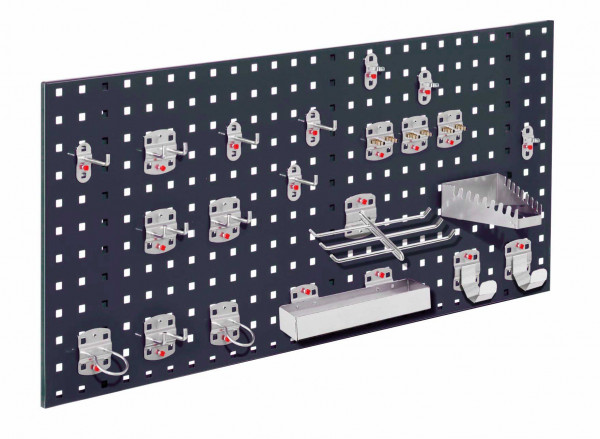 ®RasterPlan Einsteigerset 7 1 x ®RasterPlan Lochplatte RAL 7016 - Anthrazitgrau Breite 1000 mm x Höhe 450 mm 1 x ®RasterPlan Werkzeughalter-Sortiment 21-teilig
