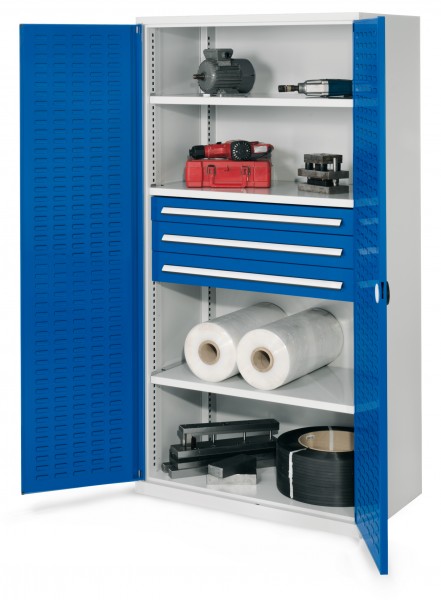 Schwerlastschrank ohne Mitteltrennwand 1950 x 1000 x 600 mm Mod 43 RAL 7035/5010. Türinnenseite: ®RasterPlan Schlitzplatten- 3 Fachboden 1 Schubladen 100 mm 2 Schubladen 125 mm.