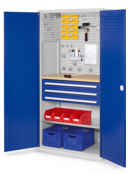 ®RasterPlan Schubladenschrank Modell 15 RAL 7035/5010. 1950 x 1000 x 600 mm Bestückung: 3 Schubladen H 100 mm 1 Fachboden verzinkt 1 Werkbankplatte Multiplex.