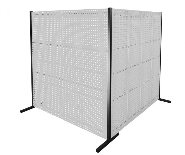 ®RasterPlan Trennwand Doppelfeld 90° 2000 / 2000 mm H2000 mm RAL 7035. Mit 4 ®RasterPlan Lochplatten 4 ®RasterPlan Schlitzplatten.