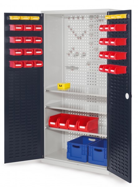 ®RasterPlan Werkzeugschrank Mod 6 500 H1950 x B1000 x T500 mm RAL 7035/7016. Türinnenseite: ®RasterPlan Schlitzplatte 3 Fachböden.