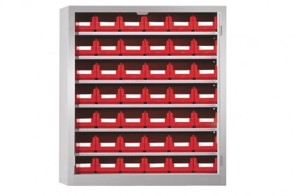 Ordnungsschrank ohne Türen Modell 14 780 x 690 x 285 mm RAL 7035. Inklusiv Lagersichtkasten 42 x Größe 7.