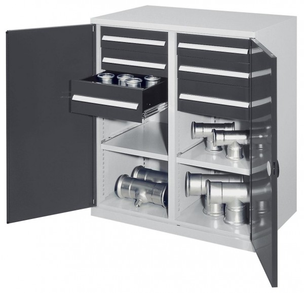 Schwerlast-Beistellschrank Modell 71 1110 x 1000 x 600 mm RAL 7035/7016. Mit Mitteltrennwand Doppelwandtür 1 Fachboden links 1 Fachboden rechts 2 Schubladen H 100 mm 2 Schubladen H 125 mm 2 Schubladen H 175 mm.
