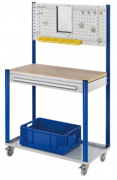 Mobile Arbeitsstation RAL 7035/5010 1730 x 1000 x 500 mm 1 Schublade Lochplatte.