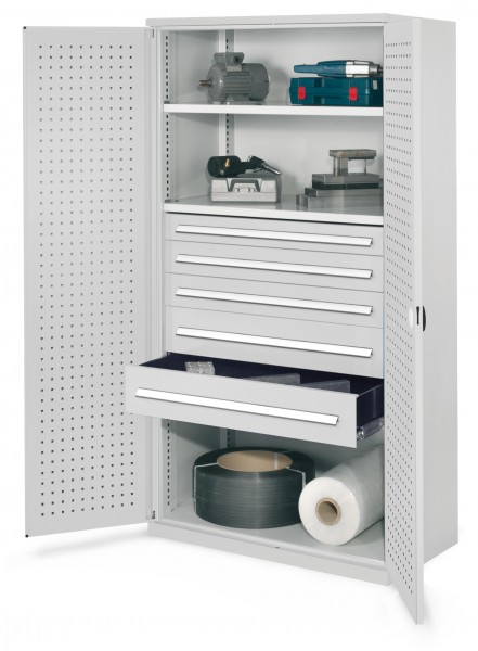 Schwerlastschrank ohne Mitteltrennwand 1950 x 1000 x 600 mm Mod 44 RAL 7035. Türinnenseite: ®RasterPlan Lochplatten 2 Fachböden verzinkt. 1 Schubladen 100mm 2 Schubladen 125mm 2 Schubladen 175mm.