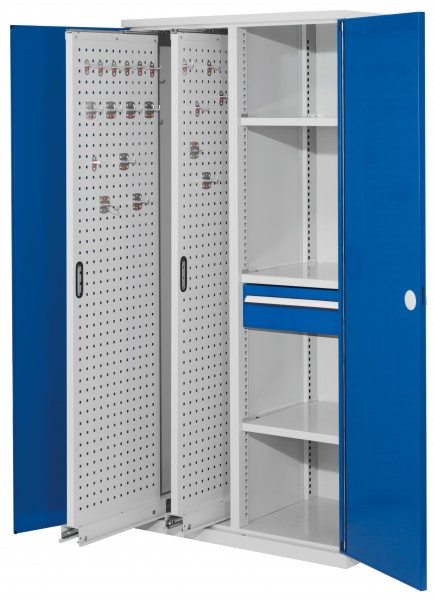 ®RasterPlan Vertikalschrank Modell 82 1950 x 1000 x 600 mm RAL 7035/5010. Doppelwandtür 2 Auszüge Lochplatten 3 Böden 1 Schubladen 175 mm.