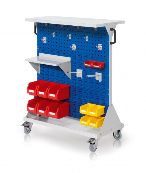 RasterMobil Gr. 3 RAL 7035/5010 H1270 x B1000 x T500 mm. 1 x Ablageboden aus Stahlblech 1 x Werkzeughaltersortiment 10-teilig 1 x Stahlboden 450 mm 2 x Universalhalter 6 x Lagersichtkästen Größe 6 4 x Lagersichtkästen Größe 7 2 x Lagersichtkästen G