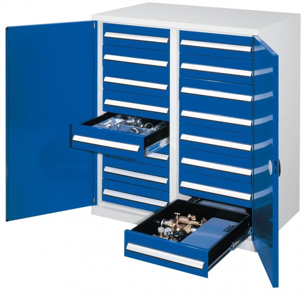 Schwerlast-Beistellschrank Modell 72 1110 x 1000 x 600 mm RAL 7035/5010. Mit Mitteltrennwand Doppelwandtür 16 Schubladen H 125 mm.