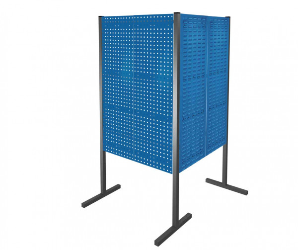 ®RasterPlan Trennwand Doppelfeld 90° 1000 / 1000 mm H1500 mm RAL 5010. Mit 2 ®RasterPlan Lochplatten 2 ®RasterPlan Schlitzplatten.