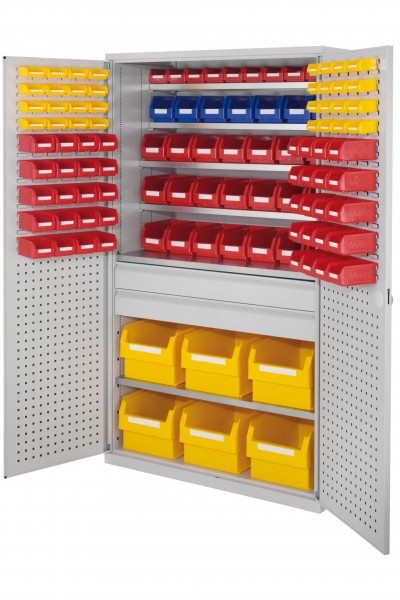 Großraumschrank Modell 33 RAL 7035 1950 x 1130 x 590 mm. Türinnenseite: ®RasterPlan Schlitz-/Lochplatten 2 Schubladen mittig inklusiv Lagersichtkasten 6 x Größe 1 21 x Größe 5 7 x Größe 6 50 x Größe 7 32 x Größe 8.