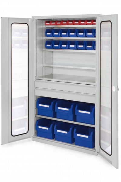 Großraumschrank Modell 37,RAL 7035 1950 x 1130 x 590 mm. Sichtfenster 2 Schubladen mittig inklusiv Lagersichtkasten 6 x Größe 1 14 x Größe 6 10 x Größe 7.
