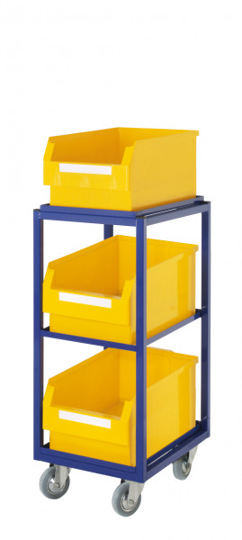 Beistell-und Kommissionierwagen RAL 5010 Modell 11. Inklusive 3 Lagersichtkästen Größe 1.