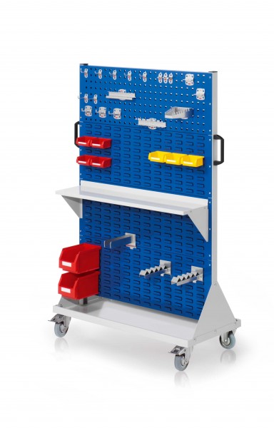 RasterMobil Gr. 4 RAL 7035/5010 H1580 x B1000 x T500 mm. 1 x Werkzeughaltersort. 18-teilig 1 x Stahlboden 950 mm 1 x Gabelträger 2 x Wellenträger 2 x Lagersichtkästen Größe 6 7 x Lagersichtkästen Größe 8.