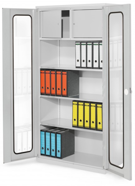 Systemschrank Serie 500 Privatfach H 1950 x B 1000 x T 500 mm RAL 7035. Sichtfenstertüren 3 Fachböden.