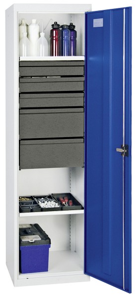 Werkzeug- und Materialschrank Serie 3000, 7035/5010, 3 Schublade 100 mm, 2 Schublade 200 mm, 2 Wannenböden